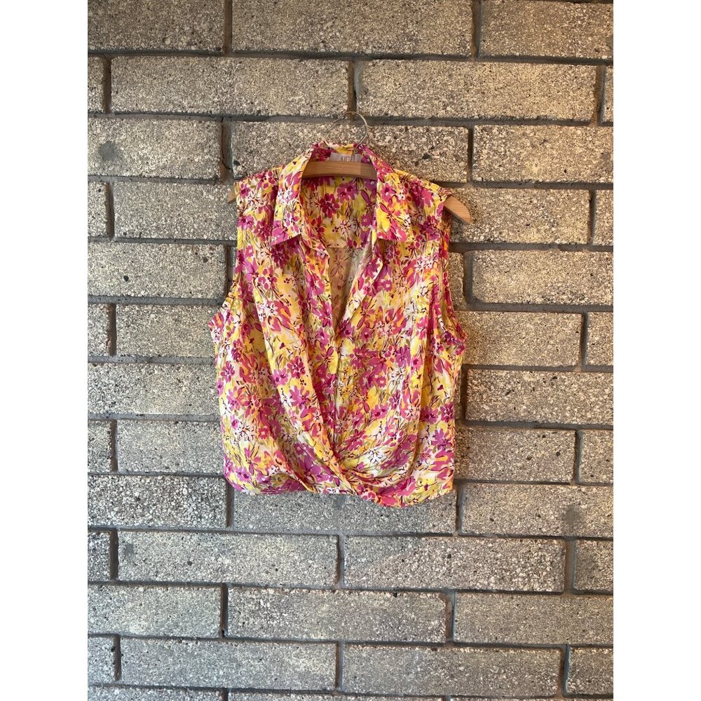 Kut From The Kloth Sleeveless Floral Wrap Blouse L Yellow Pink